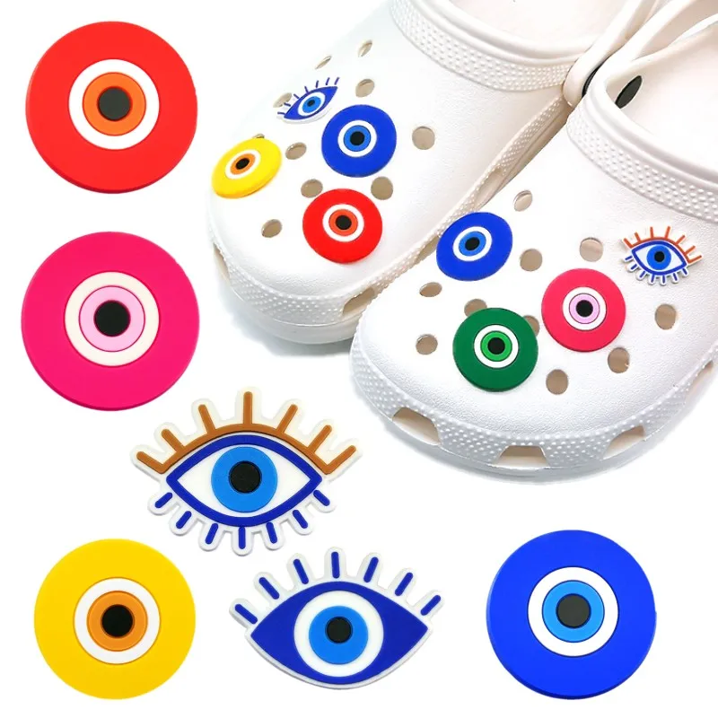 20 pz / set hot evil eyes style pattern croc charms 2D Soft pvc Fibbie per scarpe accessori zoccolo fascino scarpa Decorazioni fit bambini bambini sandali bracciali