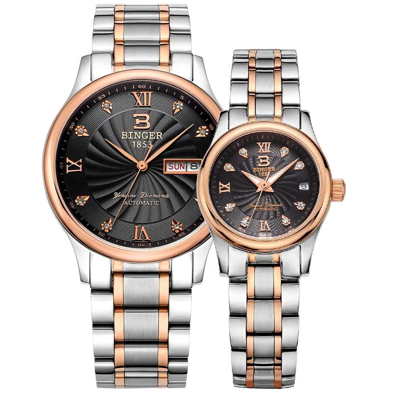 Zegarek oryginalny szwajcarski binger marka mężczyzn kobiety kochanek para automatycznego mechanicznego zegarek samodzielnie pełny stalowy hydroofowy stół