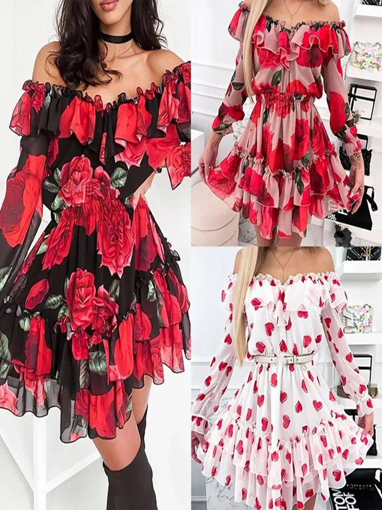 Summer Sexy Off Shoulder Chiffon Tiered Ruffle Flower Print Mini Dress Women Long Sleeve Strapless Lady Pink Holiday Beach Dress