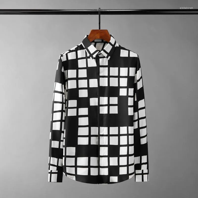 Chemises décontractées pour hommes Minglu Noir et Blanc Plaid Mâle Luxe Manches Longues Imprimé Hommes Robe Mode Slim Fit Party Homme ChemisesMen's Eldd22