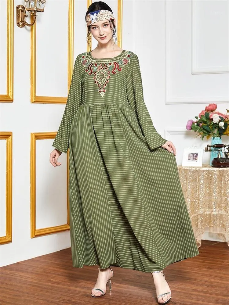 Casual Dresses Siskakia Striped Patchwork Embroidery Maxi Dress Modest Ethnic Long Sleeve Turkey Arabic Autumn 2022 Empire Swing