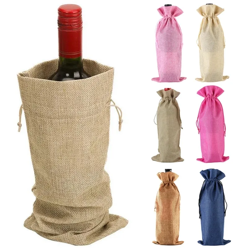 Kerstdecoraties Rode Wine Bottle Covers Wine Bags Gift Champagne Pouches BuuLlap verpakkingszak Trouwparty Decoratie