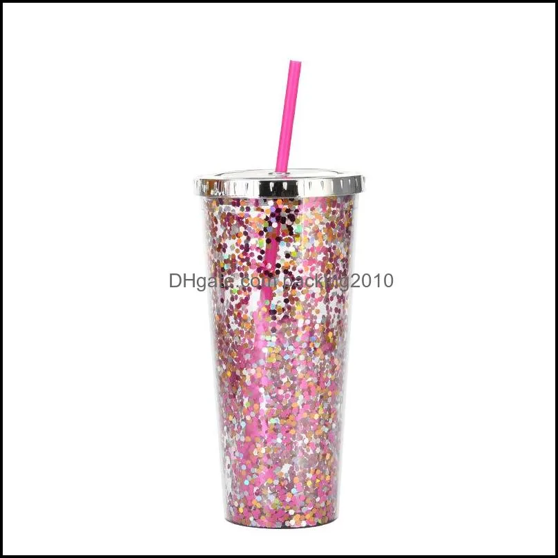 24oz tumblers glitter water cup cold drink cup straight double-layer plastic straw mugs electroplated lid pab13892