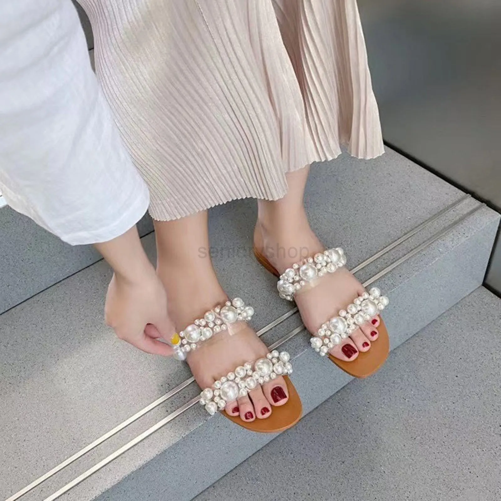 2021 Women Boheemian Pearl Slippers Flat Bottom Sandals Summer Open Toe Dames schoenen Crystal Flip Flops Shoes Chaussure Femme Shrfswuriouou