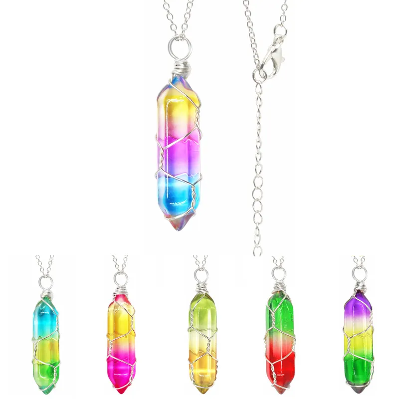 Venta al por mayor Gradiente de cristal de color Cristal Hexágono Encantos Collares pendientes Moda Plata Alambre dorado Envoltura Colgantes Collares para mujeres Joyería