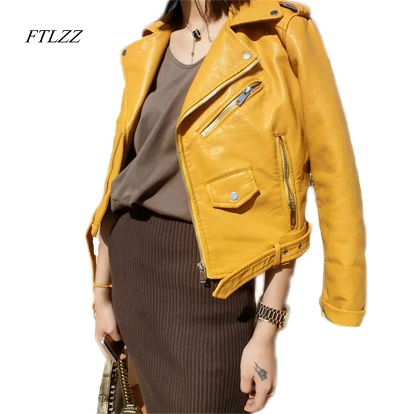 FTLZZ Zipper PU Veste En Cuir Court Rose Moto Vestes Avec Ceinture Classique De Base Printemps Femmes Faux Cuir Outwear 220815