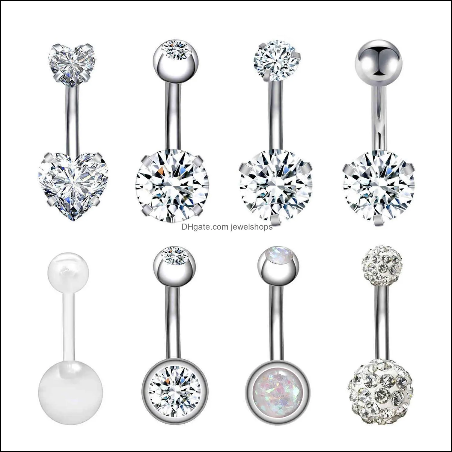 8/9Pcs/Lot Button Ring Set Crystal Double Ball Piercing for Women Rose Gold Stainless Steel Navel Belly Rings