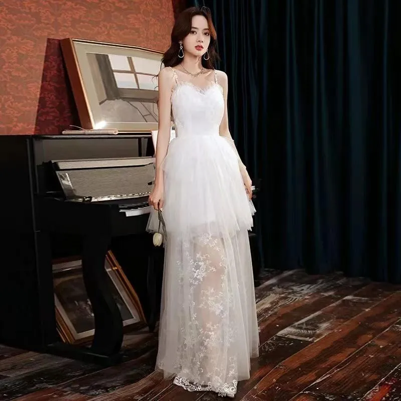 Party Dresses Elegant Embroidery Applique A Line Evening Dress Sexy Spaghetti Straps Tiered White Ruched Beads Ankle Length Banquet GownPart