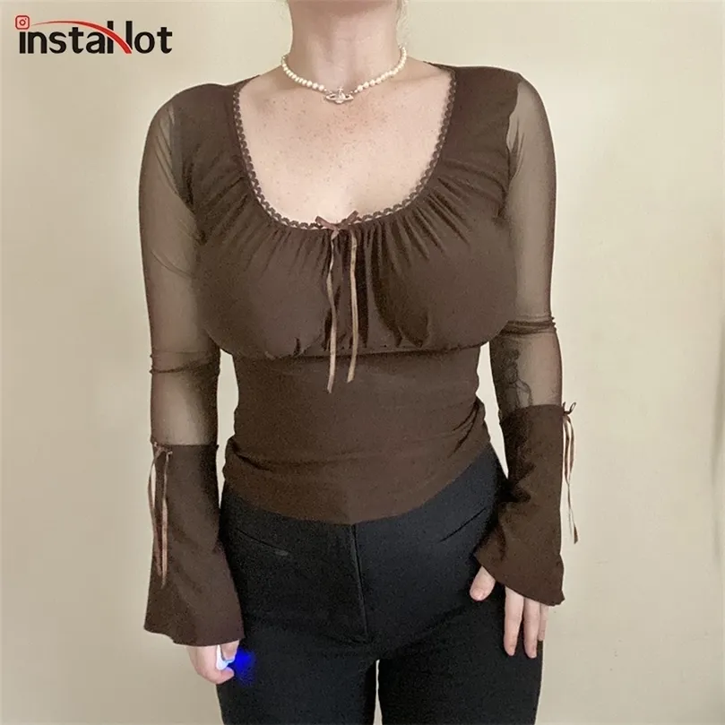 Insta Frauen Flare volle Hülse T-Shirt schlank elegant schlank Mesh Patchwork transparent High Street Vintage T-Shirt 2020 Femme Tops 220408