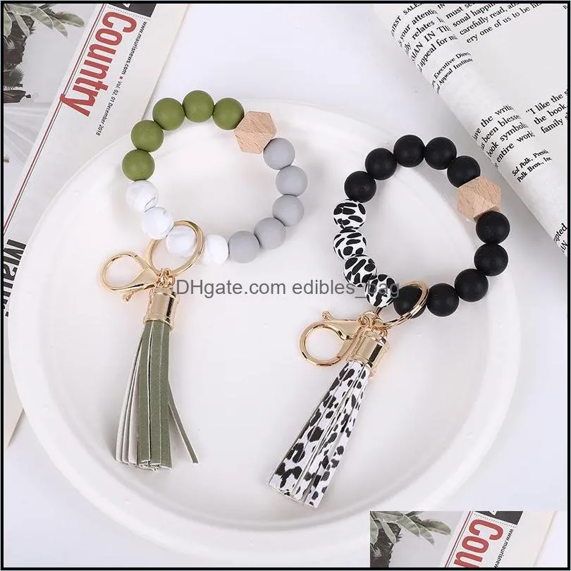 14 colors silicone key ring bracelet beaded wrislet keychain portable house car keys holder with tassel keyring bangle for women girl keychains wristlet