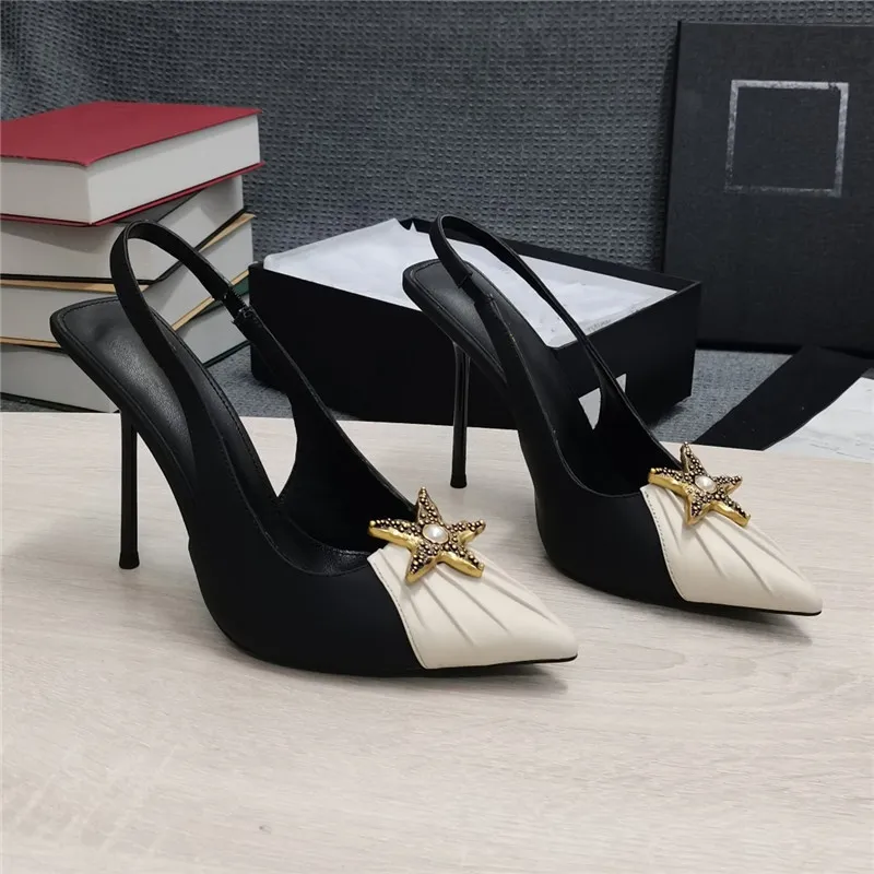 Star Buckle Pointed Toe Sandals Contrast Color Patchwork High Heels Stiletto Sandals Size 34-43