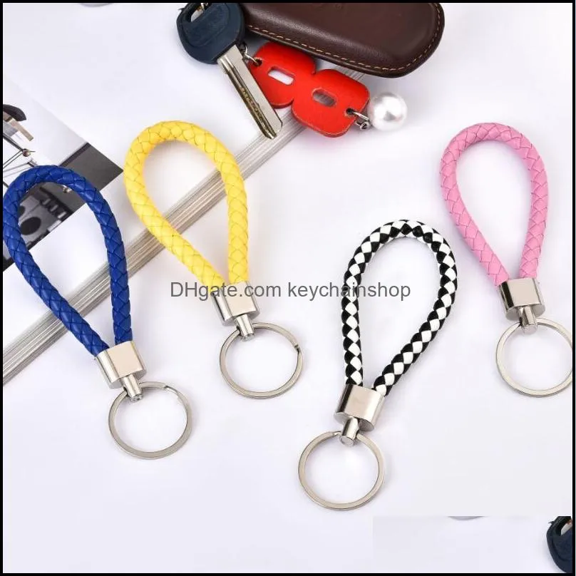 wholesale price PU Leather Braided Woven Rope Key Rings DIY bag Pendant KeyChain Holder Car Keyring Men Women Keychains