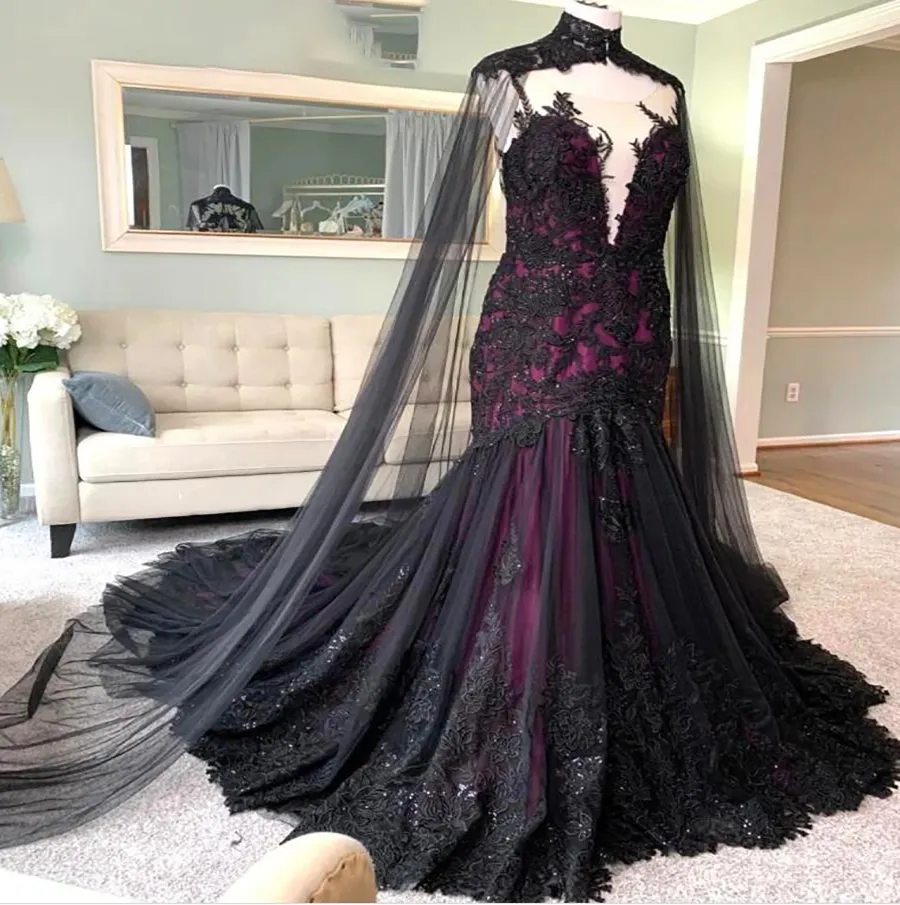 Luxury Mermaid Gothic Wedding Dress with Cape Red Black Lace Dubai Plus Size Country Garden Wedding Party Gowns 2022 Backless Bride Robe de Mariee Vestidos Novia