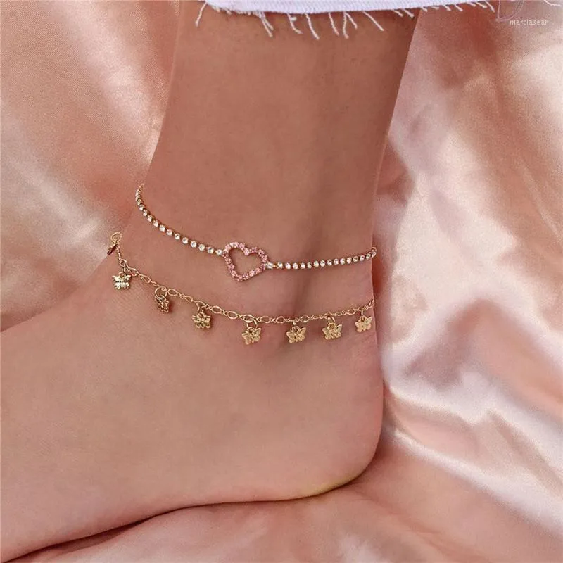 Anklets 2022 Sweet Anklet Simple Heart Butterfly Shape Bracelet Chain Ankel Beach Barefoot Sandal For Women Gift Chaine Marc22