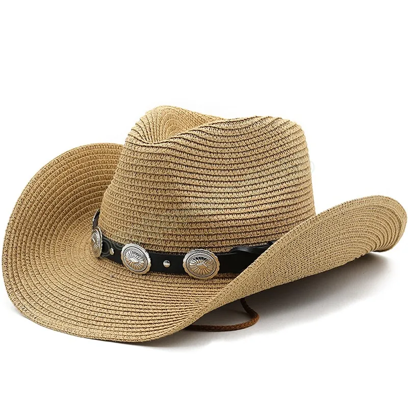 Cappelli estivi da cowboy per uomo Donna Cappello a tesa larga intrecciata in paglia di carta Cappello da sole casual da spiaggia unisex