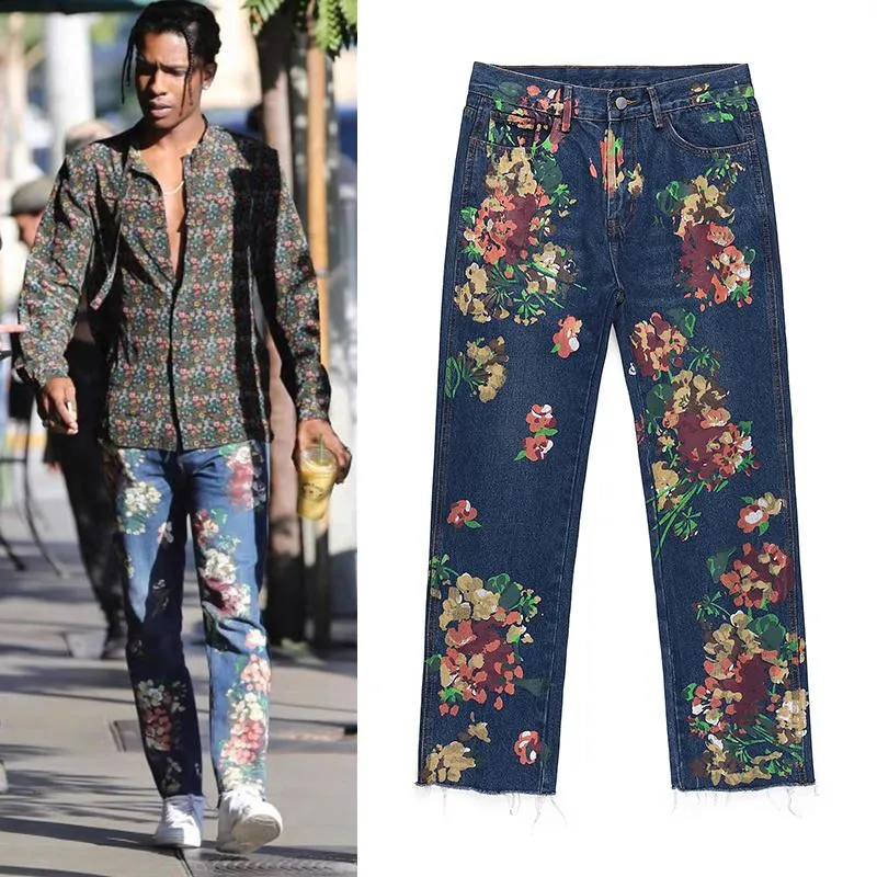 Jeans para hombres High Street pintado a mano floral para hombre recto de gran tamaño retro casual pantalones de mezclilla sueltos lavados rasgados pantalones de jean
