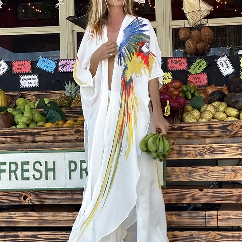 Robe bohème en mousseline de soie bikini couvrir caftan robe blanche grande taille kimono vêtements de plage imprimer tunique pour maillot de bain de plage couvrir 220423