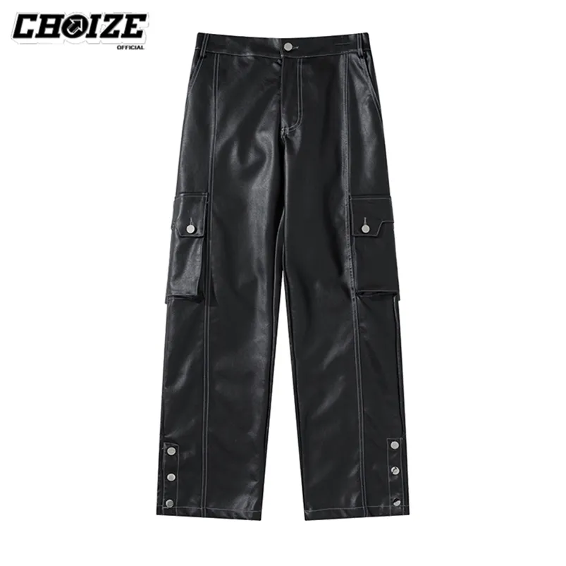 Spodnie męskie Choize moda czarna faux skórzana kobiety proste spodnie nogi luźne spodnie unisex streetwear workowek punkowy ciemny ładunek mężczyzn 220826