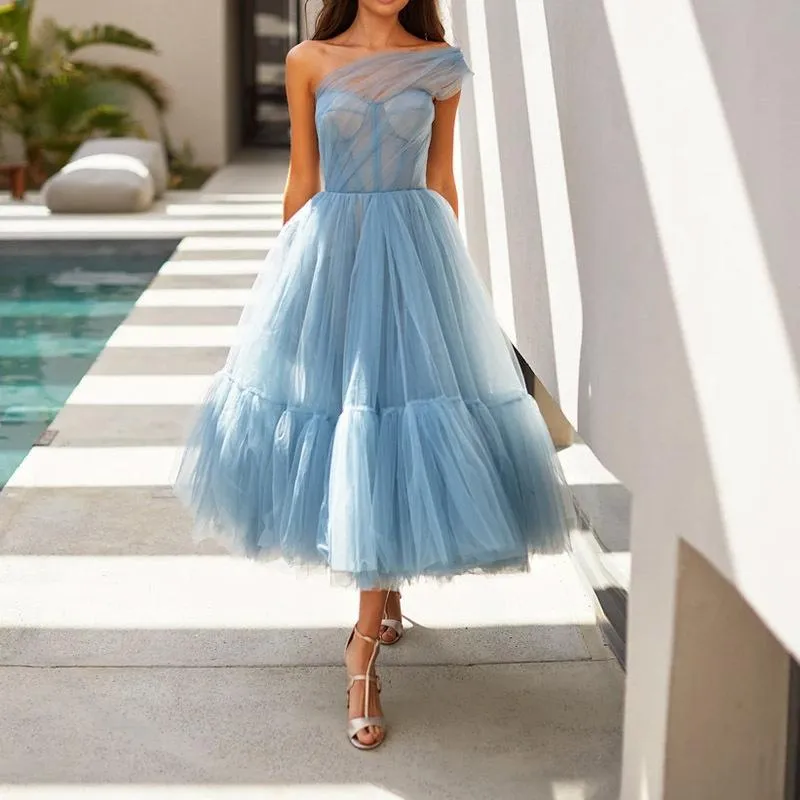 Casual Dresses Evening Party Dress Women Elegant Sexig One Shoulder Sleeveless Backless Mesh Strapless Ball Gown Summer Beach