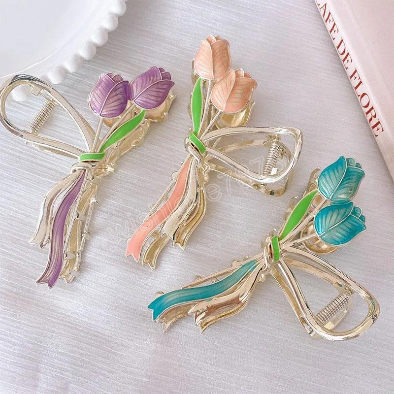 Eleganckie Tulip Flower Hair Clamps Metal Ponytail Clips Claw Korean Women Summer Hair Akcesoria do włosów