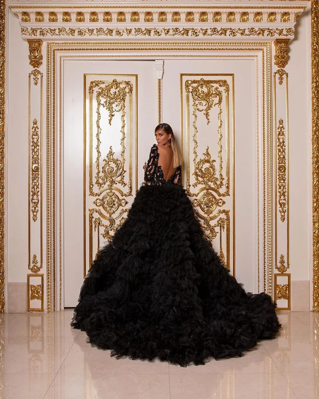 black ball gown dress long sleeve Two Piece Prom Dresses Long Sleeves Lace Black Evening Dress – Anna  PromDress main image 1