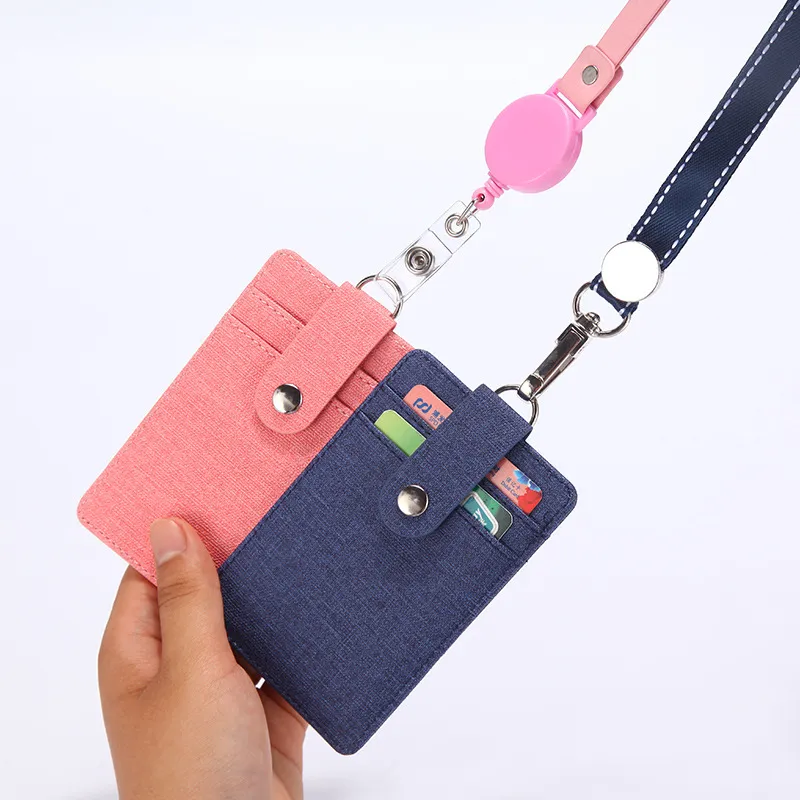 Office School Mate Badge Holder Leather ID Card Wallet Case with 3 Cards Slot and Neck Lanyard Strap Looks Like Fabric Multi Use
