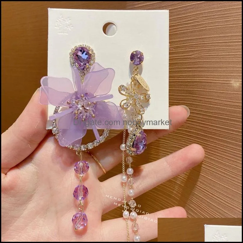 Dangle & Chandelier MENGJIQIAO Korean Luxury Asymmetric Flower Crystal Drop Earrings For Women Girls Elegant Pearl Tassel Oorbellen Party