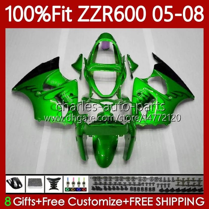 Green flames Injection Mold Bodywork For KAWASAKI NINJA ZZR600 600CC 2005 2006 2007 2008 Body 134No.117 100% Fit ZZR-600 600 CC 2005-08 ZZR 600 05 06 07 08 OEM Fairing Kit