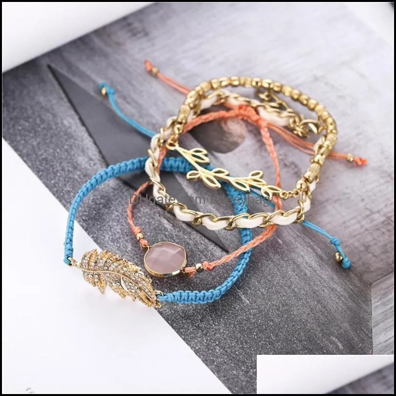 beaded strands 4pcs/set boho bracelet set for women ethnic handmade geometric leaf stone woven beach bangle jewelry giftbeaded