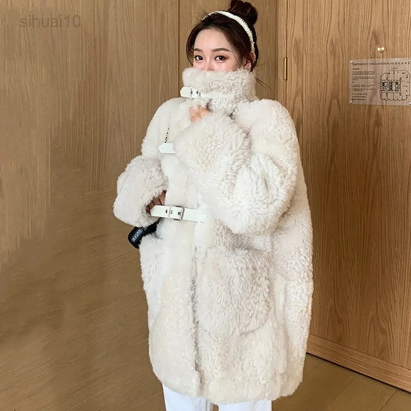 Qingwen Kobiety Nowe swobodne, grube ciepłe futra Faux Furt Pluszowe futra w średniej długości zima koreańska bawełniana bawełniana płaszcz luźny futra L220725