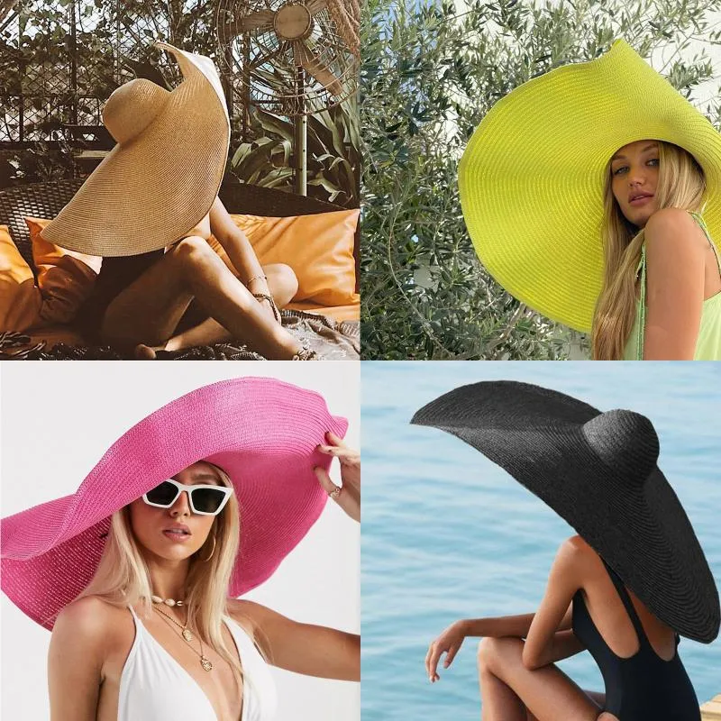 Geniş Kenarlı Şapkalar 70cm Büyük Boy Güneş Büyük UV Koruma Plaj Seyahat Tatil Hasır Şapka Kadın Yaz Disket Katlanabilir FedorasWide