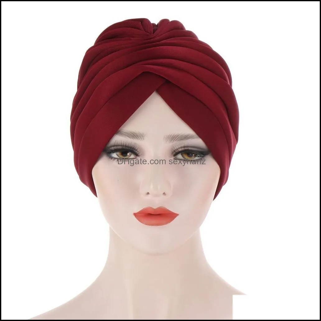 2021 Muslim Elastic Ruffle Cotton Turban Hat Cancer Chemo Beanies Cap Headwrap Plated for women Hair Loss Accessories