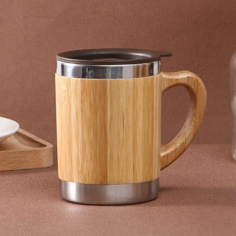 330ml Bamboo Tumbler Stainless Steel Coffee Mugs with Handle and Lids Eco Friendly Insulated Water Bottle