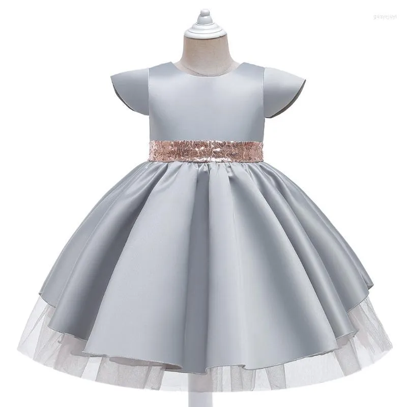 Girl Dresses Girl's S Grey Satin Kids Ball Gown Sequins Belt For Girls Christening Party Wedding Ceremonious Children's ClothesGirl's