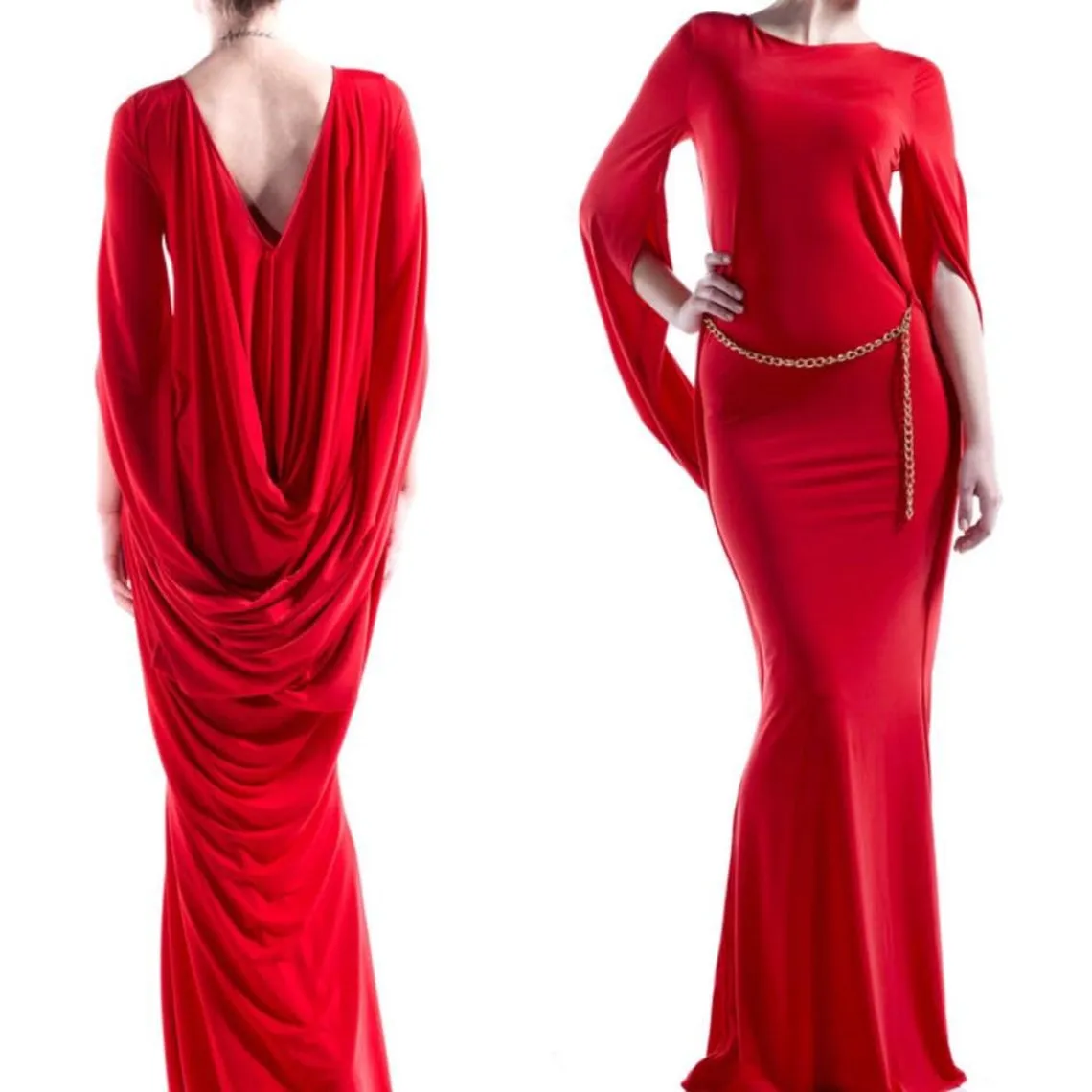 Sexy Open Back Red Evening Dresses For Women 2022 Spring Autumn Chic Ruched Long Sleeve Mermaid Prom Celebrity Party Gowns Floor Length Elegant Special Occasion Wear