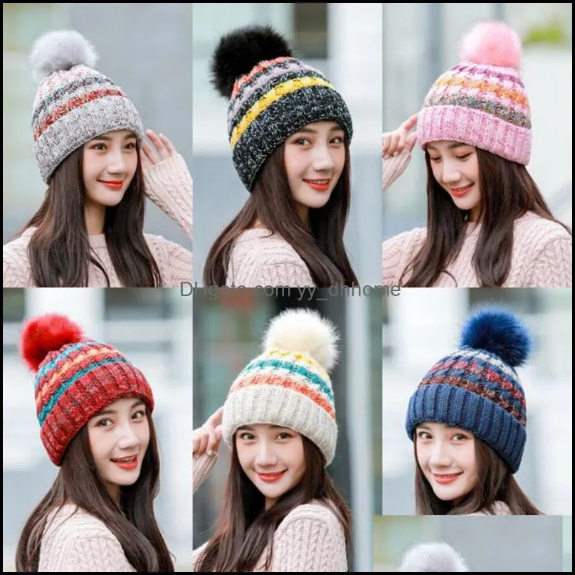 Women Fur Pom Ball Knit Baggy Bobble Hat Beanie Ski Cap Autumn Winter Female Warm Strip Beanies1