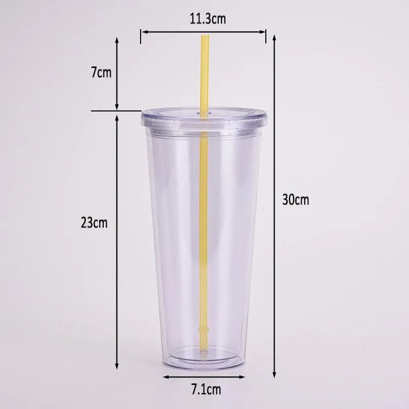 32oz Skinny Tumblers Slim Coffee Mugs Clear Acrylic Water Cup Double Wall Reusable With Lid and Plastic Straw Drinking 