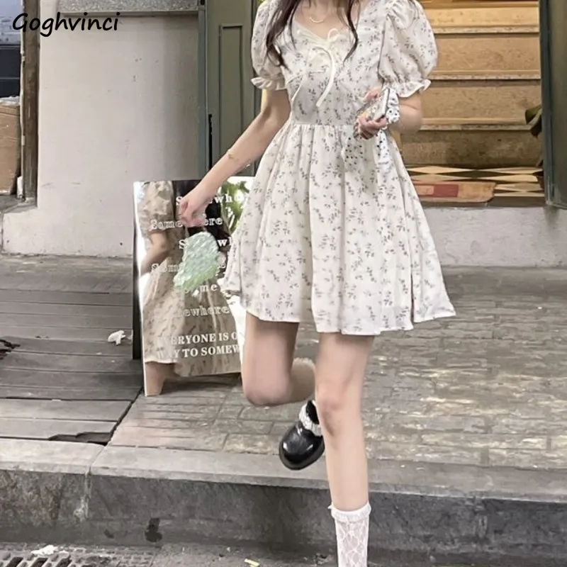 A line Dresses Women Summer Cute Fashion Puff sleeves Print Party Casual Comfortable Sundress Girls All match Square collar 220713