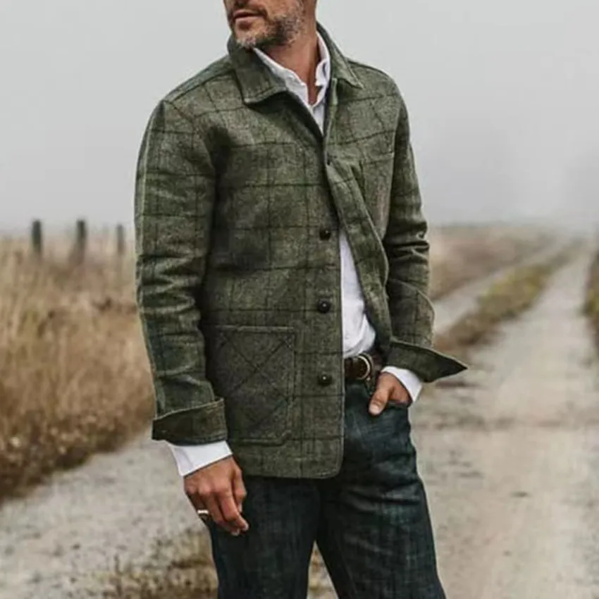Giacche vintage da uomo autunno inverno cappotti moda stampa scozzese manica lunga colletto rovesciato bottoni capispalla cardigan casual da uomo