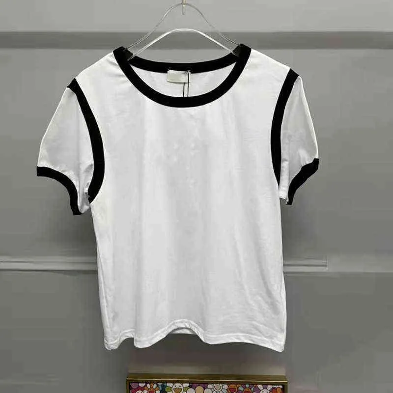 Women's T-Shirt Black and white contrast flocking printed short sleeve loose Korean