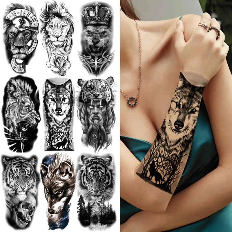 Nxy temporärer Tattoo Forest Wolf für Frauen Männer Tiger falsche Löwe Blume Aufkleber Schwarze Tiere Kompass Monster Tatoo Kid Boy 0330