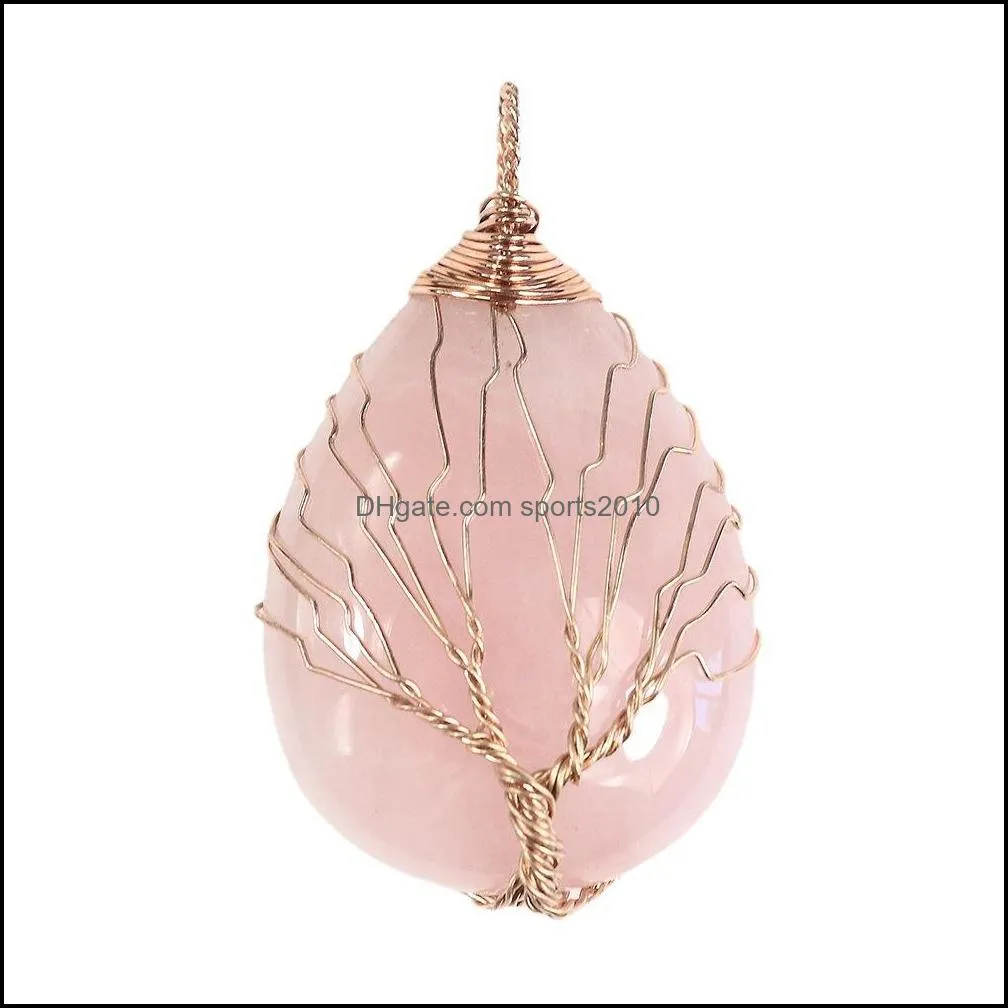 natural stone healing crystal tree of life charms waterdrop pendants rose quartz copper wire wrapped trendy jewelry making necklaces