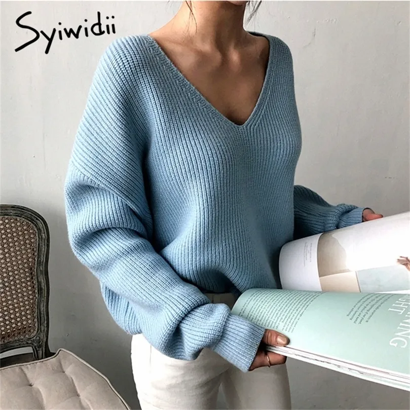 Syiwidii ​​Women Sweater Sky Blue V-образный выстрел зимняя модная одежда Batwing рукав твердый повседневный пуловер корейский вязаный осень 201224