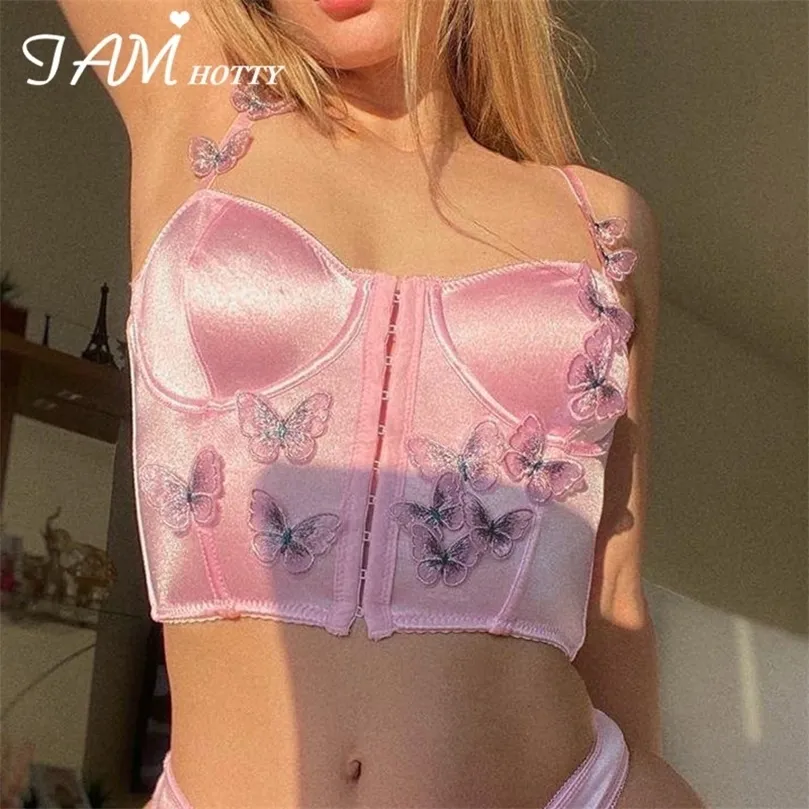 Iamty Butterfly Appliques Y2K Corset Kvinnor Kawaii Estetisk Rosa Camisole Satin Tank Top Sexig Beach Party Outfit Bustier 220407