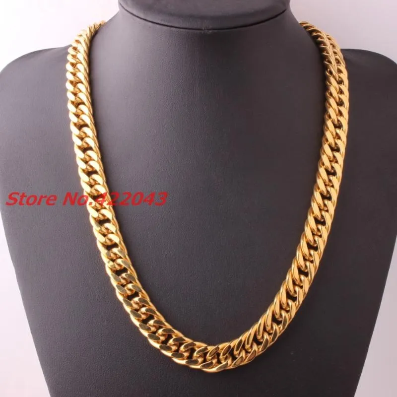 Kedjor 7-40 "Välj 14mm guldfärg i rostfritt stål Mens Curb Cuban Chain Halsband Male Womens Heavy Jewelrychains