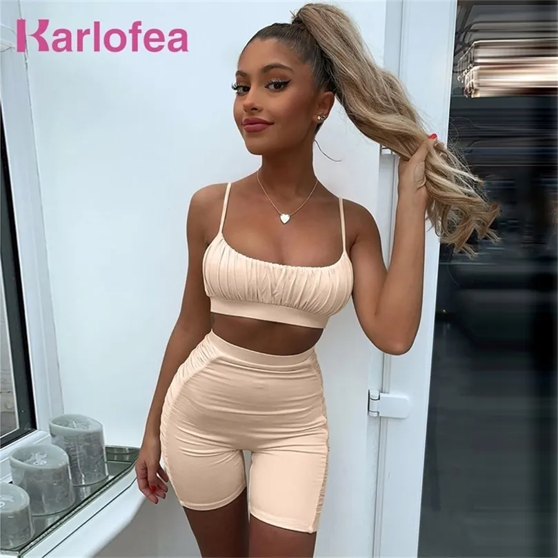 Karlofea Frauen sexy Mode 2 -teilige Shorts Set Summer Chic Ruched Shinny Tracksuit Lounge Wear Anzug Casual Sreetwear Outfits 210302