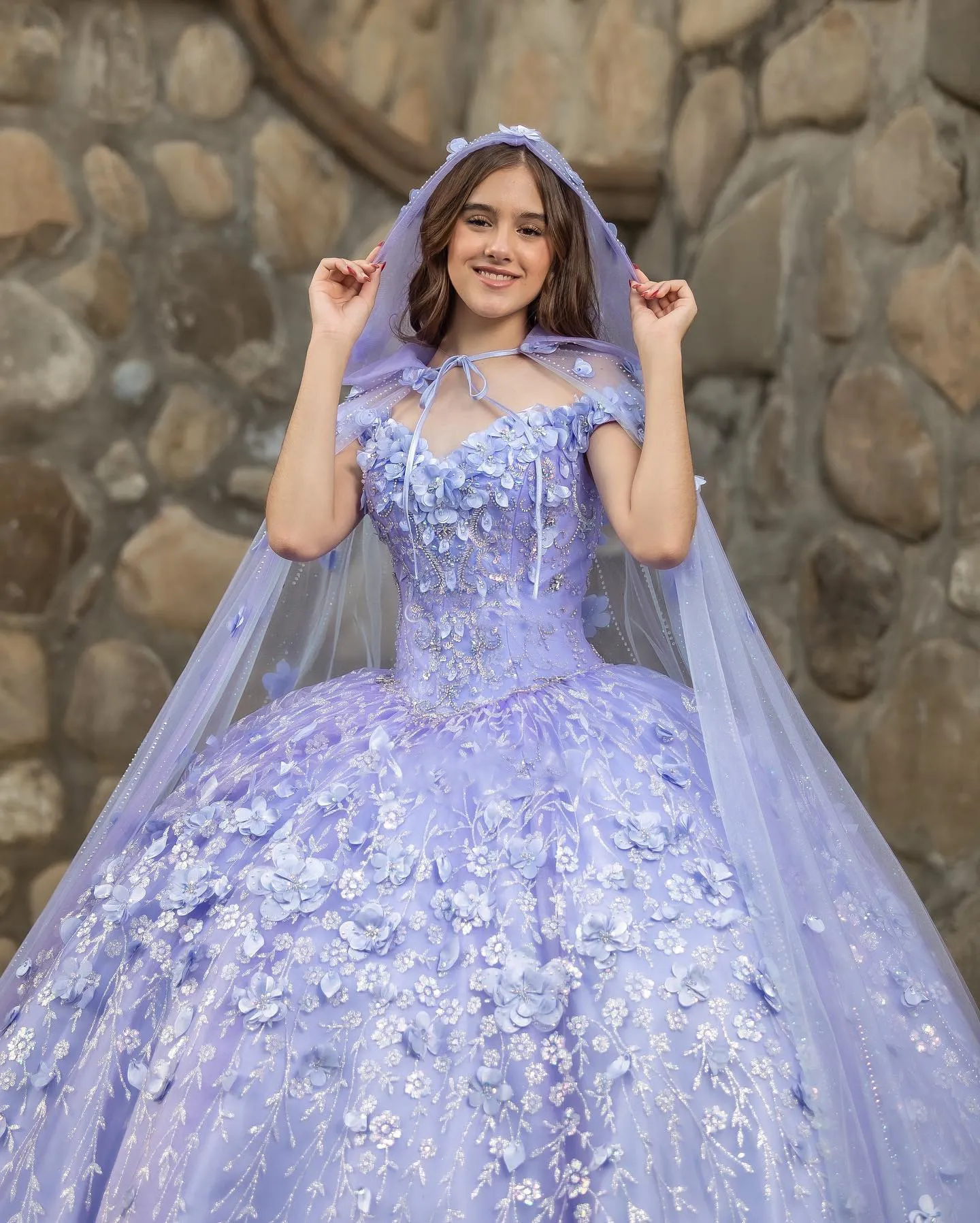 Lilac Butterfly Dress Quinceanera 2023 With Hood Cape, 3D