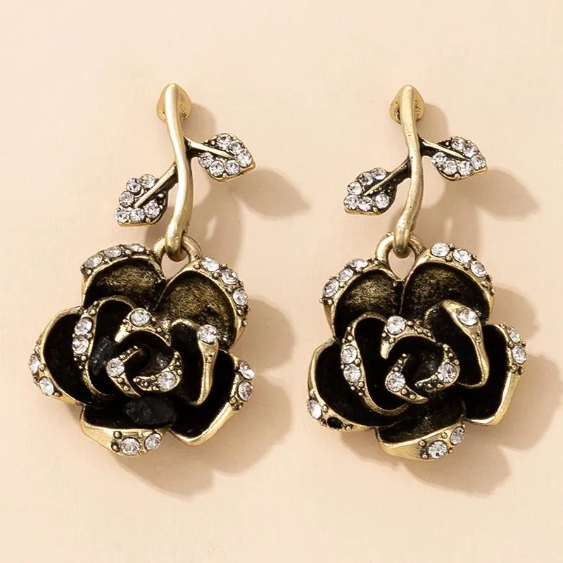 Dangle Lustre HuaTang À La Mode Strass Noir Roseflower Boucles D'oreilles Pour Les Femmes Or Couleur Romantique Fête De Mariage Oreille Suspendus Bijoux