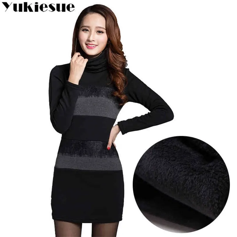 Elegant bodycon klänning kvinnor vinter varm fleece turtleneck randig spets lapptäcke blyerts klänningar vintage sexig festklänning 210412