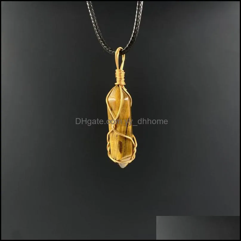natural stone pendant gold wire wrap crystal necklace hexagon prism bullet amethyst rose quartz pendulum chakra healing jewel yydhhome